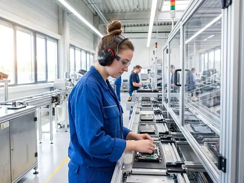 Factory worker wearing industrial ear protection while assembling components on a manufacturing production line